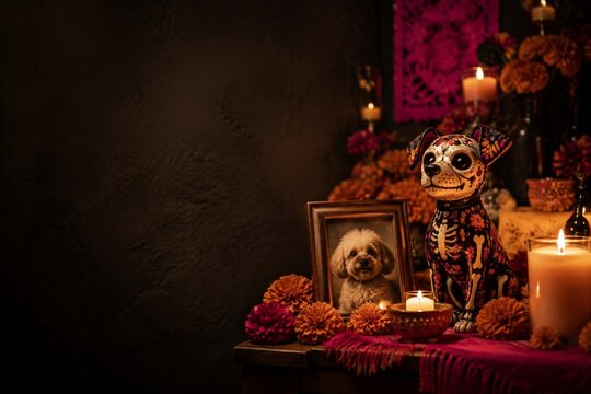 Day of the Dead dog altar with skeleton figurine and candles