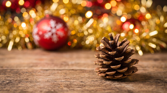 Natural dry pinecone on aged wooden board with glittering golden tinsel and red bauble bokeh background