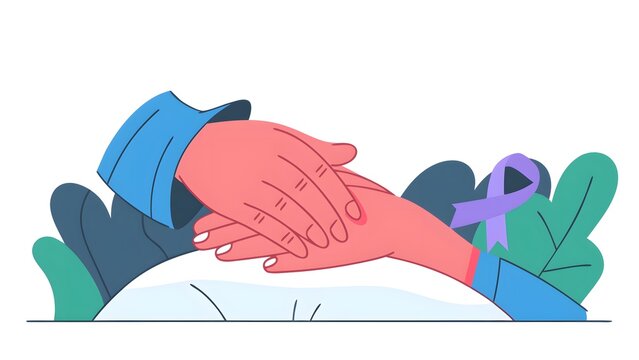 Caregiver Holding Elderly Hand with Purple Awareness Ribbon &ndash; World Alzheimer's Day Concept with Copy Space