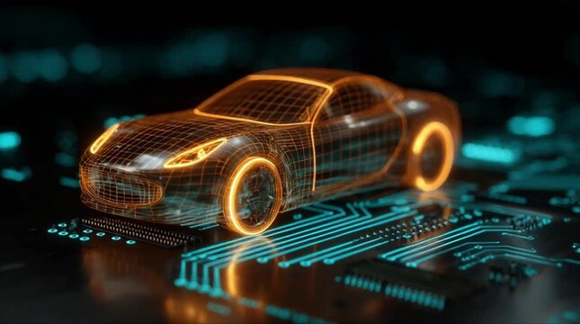 Wide eye level perspective view of 3D wireframe sports car model with glowing orange mesh on cyan circuit board platform (AI Generated)