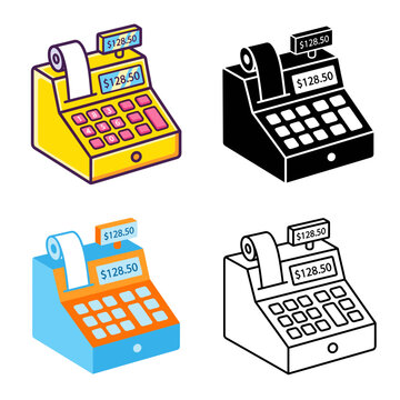 Retail Cash Register Machine Vector Icon Set for Supermarket Checkout, Point of Sale, and Finance Systems