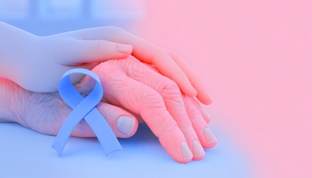 Caregiver Holding Elderly Hand with Purple Awareness Ribbon &ndash; World Alzheimer's Day Concept with Copy Space