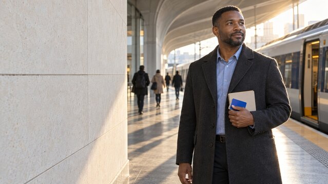 Transit Planner Arrives At A Bright Commuter Concourse for Business Photography