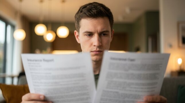 Young man comparing financial insurance documents while reading carefully in an indoor setting.