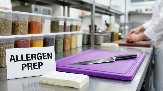 Safe food preparation area in a commercial kitchen with allergen prep signage and purple board.