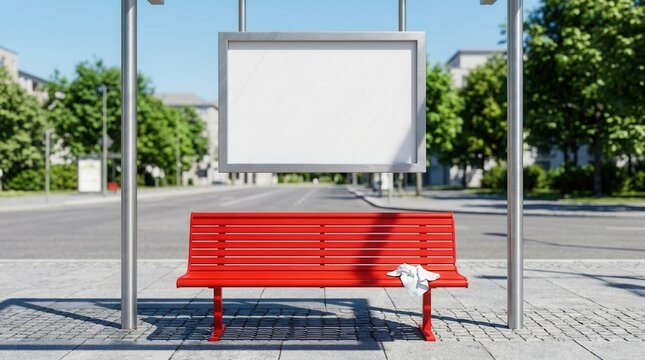 Red bus stop bench with a white cleaning cloth and an empty timetable display frame.