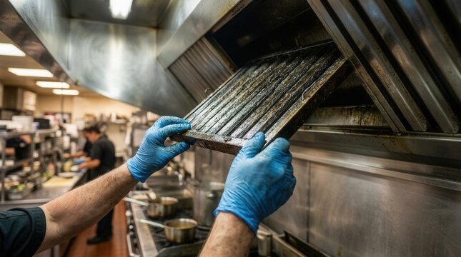 Cleaning a commercial kitchen ventilation system by removing the hood filter