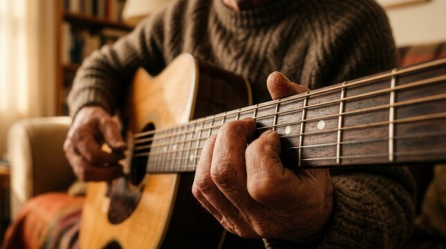 Detailed view of hands playing chords on an acoustic guitar fretboard.
