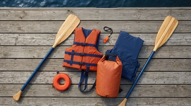 Safety equipment for boating featuring life vests, paddles, a waterproof dry bag, and a whistle.