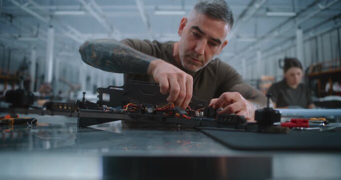 Focused Tattooed Male Technician Manually Assembling Carbon Fiber Quadcopter Frame. Experienced Engineer Connects Electronic Components FPV Drone Circuit Board Inside Bright Modern Aerospace Factory.