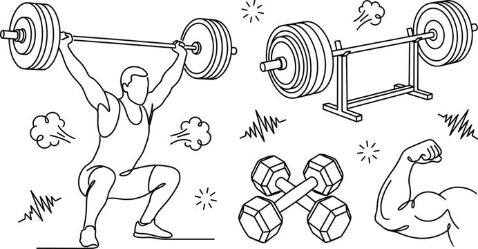 Weightlifting line art vector set featuring isolated linear lifter barbell bench press dumbbells muscle arm and fitness elements
