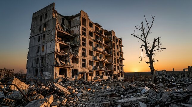 The aftermath of conflict featuring a ruined building and bare tree under a sunset sky.