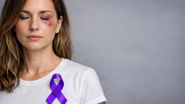 Woman with facial bruise and purple domestic violence awareness ribbon