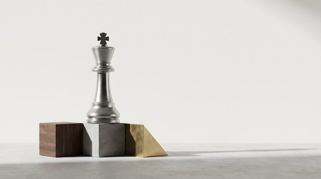 Minimalist metallic chess king piece standing on geometric blocks of wood concrete and gold representing leadership strategy and solid foundation for business success in bright studio setting