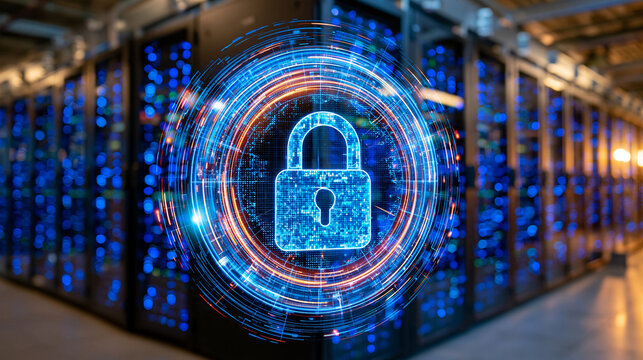 Futuristic cloud computing data center with rows of secure server cabinets, glowing encrypted connections and a prominent digital lock icon, cybersecurity technology concept, enterprise data protect