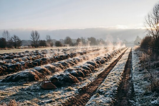 Steaming compost windrows on a frosty morning &ndash; Perfect for waste management features, soil and gardening brands, or circular economy content