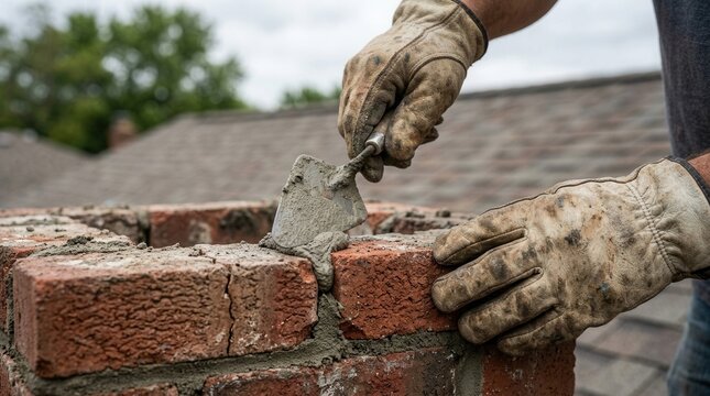 Construction worker using a trowel for chimney repair and brick masonry maintenance.