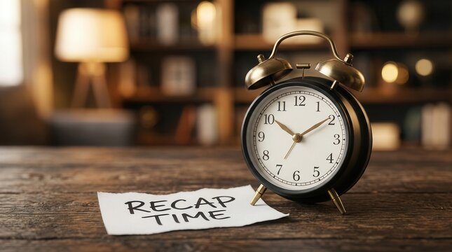 A vintage alarm clock and a paper note with recap time text for effective schedule planning.