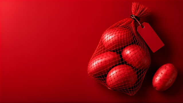 AI generated image of a horizontal composition featuring a red mesh net bag filled with fresh red potatoes and a blank price tag on a vibrant red background