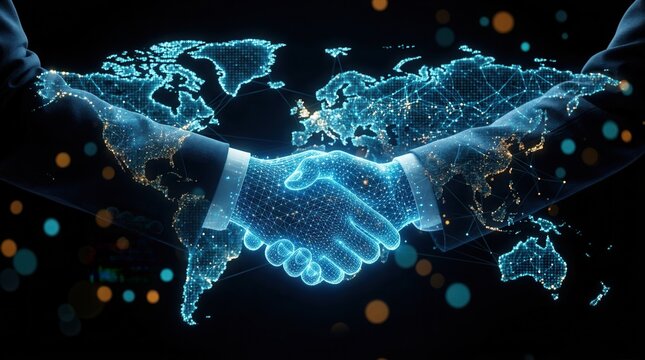 A digital handshake representing global cooperation and strategic market adaptation between business professionals.