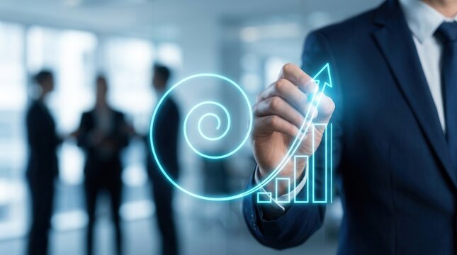 Business professional uses a marker to illustrate a spiral growth graph for sales acquisition and efficiency.