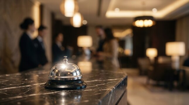 Luxury hotel reception desk with a silver bell and blurred staff assisting guests.