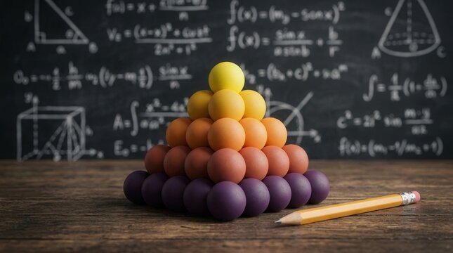 Mathematical concept of statistics and probability shown with multicolored marbles and a pencil.