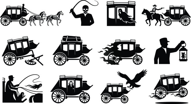 Collection of black silhouettes featuring spooky stagecoaches, ghostly figures, skeletal horses, and mysterious drivers on white background