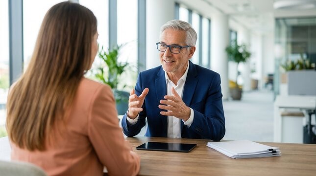 A senior executive talking to a young professional woman in a corporate office environment.
