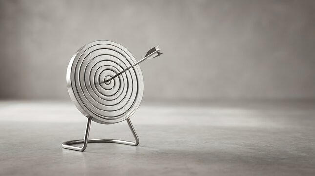 Metallic silver target with an arrow in the bullseye on a grey background, representing business goals, precision, and successful achievement in a minimalist 3D rendering.
