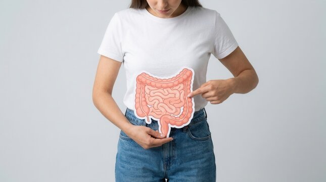 Concept of stomach and colon cancer featuring a woman with an intestine cutout.