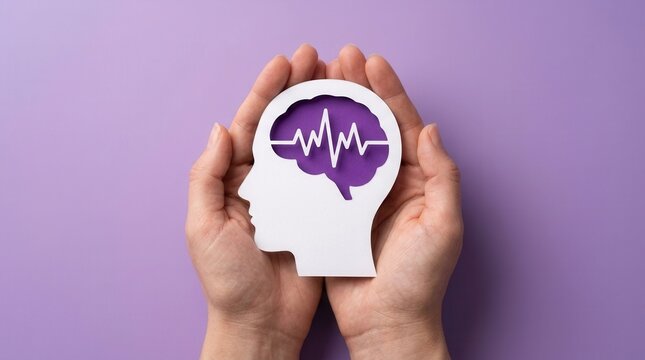 Concept of mental health awareness featuring hands protecting a brain silhouette for epilepsy and autism.