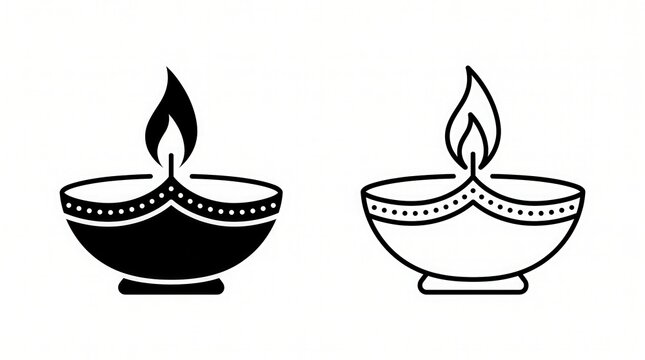 Two diwali oil lamps line art icons on a white background