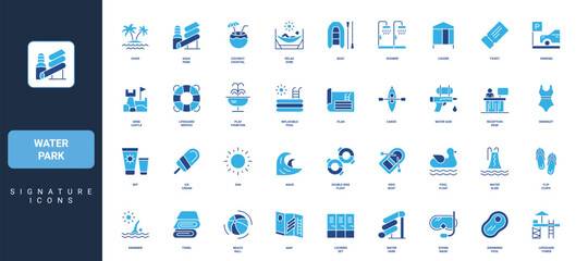 Naklejka premium Water and aqua park pools and playground, ticket to attractions, fountain glyph icon set. Relax zone and sun lounger, inflatable tube and slide solid vector illustration