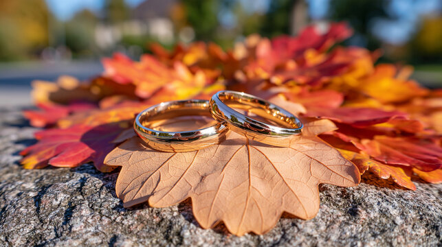 Romantic close up of two gold wedding bands positioned on a naturally dried oak leaf, bright autumn daylight, warm seasonal atmosphere, detailed ridges and veins visible across the leaf, clean minim