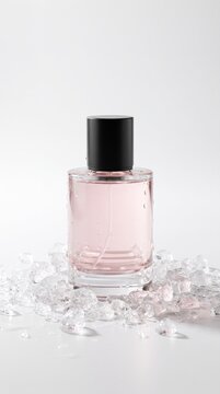 A sophisticated perfume bottle with a minimalist design sits elegantly surrounded by scattered crystal shards, reflecting a subtle luxury and alluring fragrance.