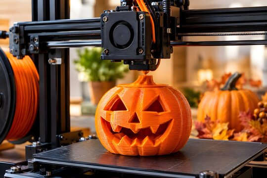 3D printer creating an orange Halloween pumpkin jack-o-lantern