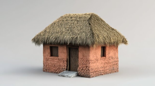 Small mud brick house with thatched roof in plain setting