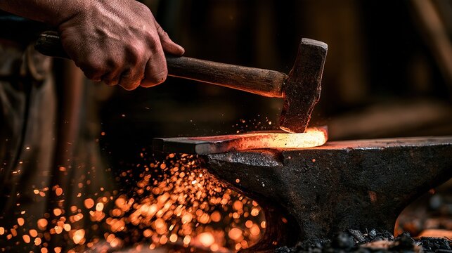 Blacksmith hammering hot iron on anvil, horseshoe taking shape, sparks in dark forge