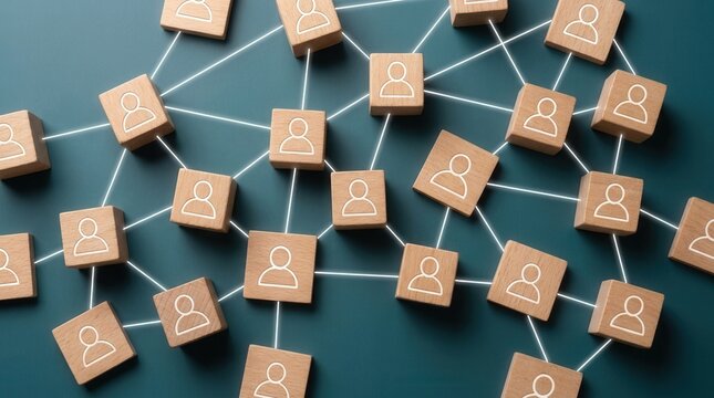 Social network connection with wooden blocks and person icons for organizational hierarchy.