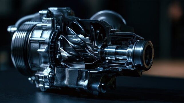Polished supercharger cutaway, sharp internal structure, dark background for 3D reference
