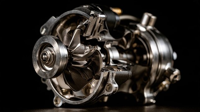 High-performance supercharger cutaway, impeller detail, dark backdrop for tuning magazines