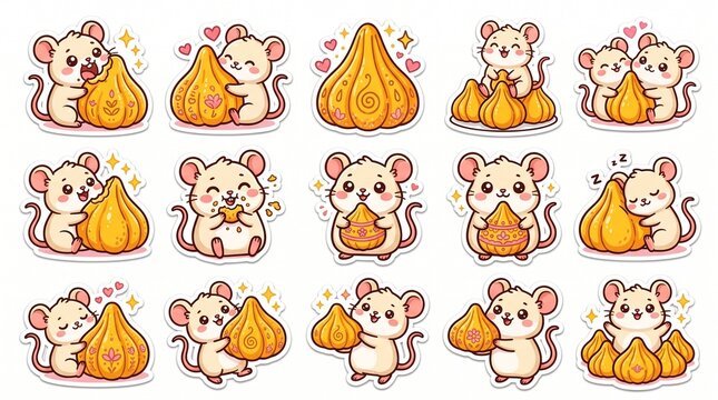Cute mouse characters eating sweet modak dumplings for Ganesh Chaturthi festival set.