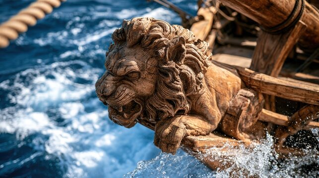 Lion figurehead on prow cutting waves, weathered wood, low angle, powerful adventure spirit