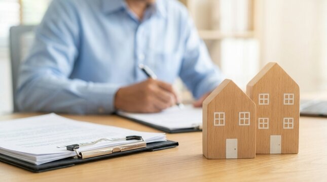 Concept of buying, selling, or renting real estate with miniature houses and a clipboard.