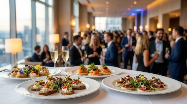 Sophisticated catering service featuring individual appetizers at a corporate gathering.