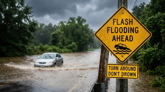 A car drives through floodwaters behind a flash flooding warning sign.