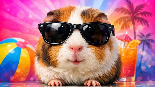Cute guinea pig wearing sunglasses in a colorful beach vacation scene