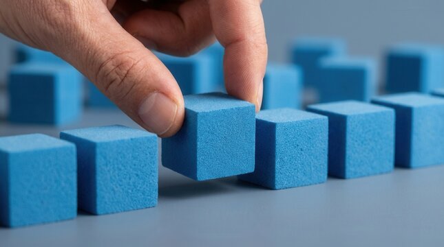 A person's hand positioning a blue cube to create a unique identity and strategic advantage.