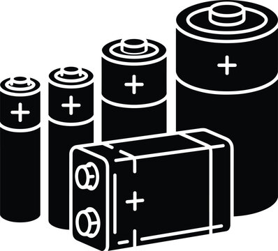 Set of various alkaline battery sizes including AA AAA C D and 9V black vector icon illustration